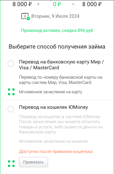 Выбор способа выплаты микрозайма