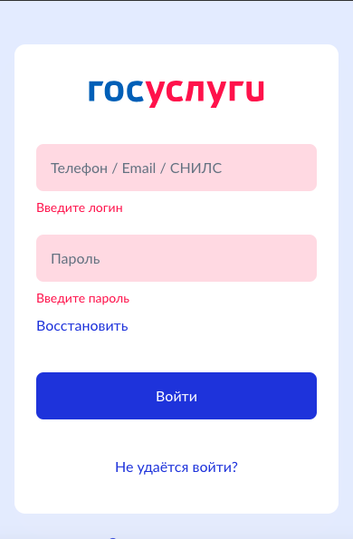 Ввод данных для регистрации в Госуслугах
